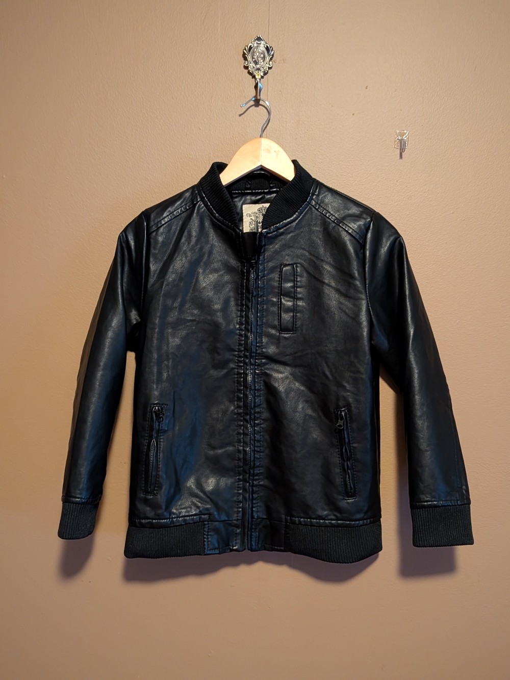 Kids Black Faux Leather Bomber Jacket with Ribbed Trim. Size 8-10.